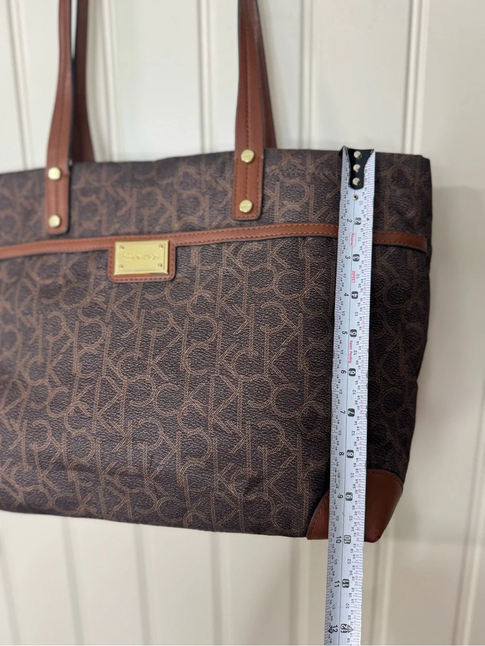 CALVIN KLEIN 🌟 Brown, Gold Monogram Logo Shoulder Tote, Dual Straps - Like NEW
